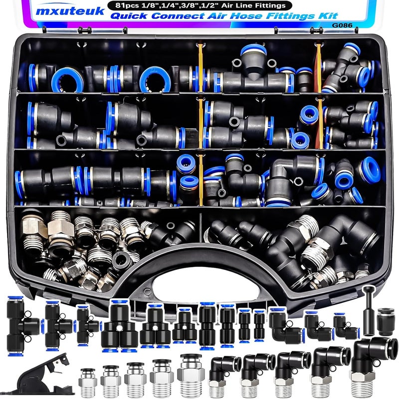 mxuteuk طقم توصيل سريع لخرطوم الهواء 81 قطعة، 1/8"، 1/4"، 3/8"، 1/2" توصيل دفع، توصيلات سريعة لخط الهواء، طقم هوائي للإفراج السريع - Image 1